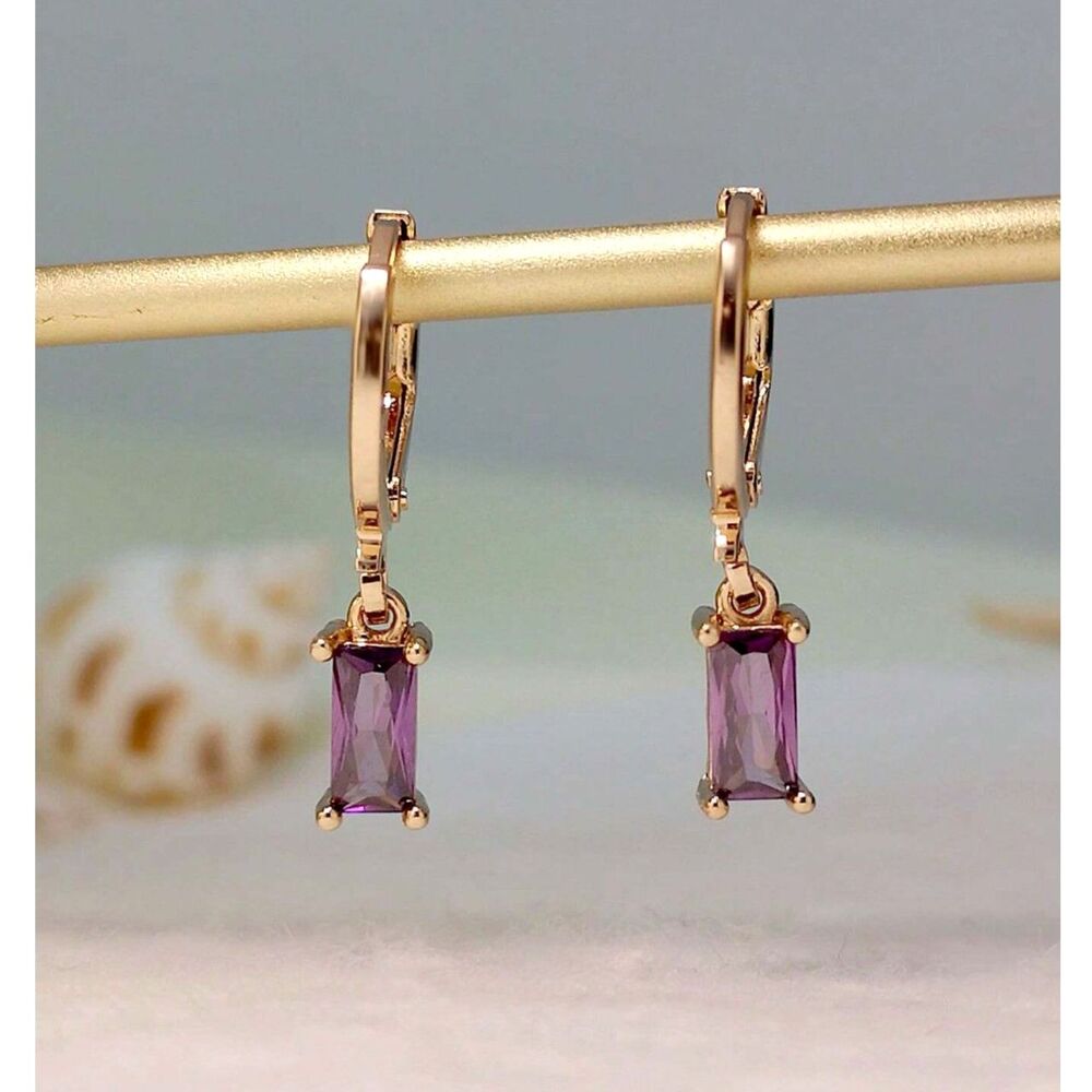 Emerald Cut Purple Zirconia Gold Hoop Earrings Dangle Pendant Drop Crystal Charm
